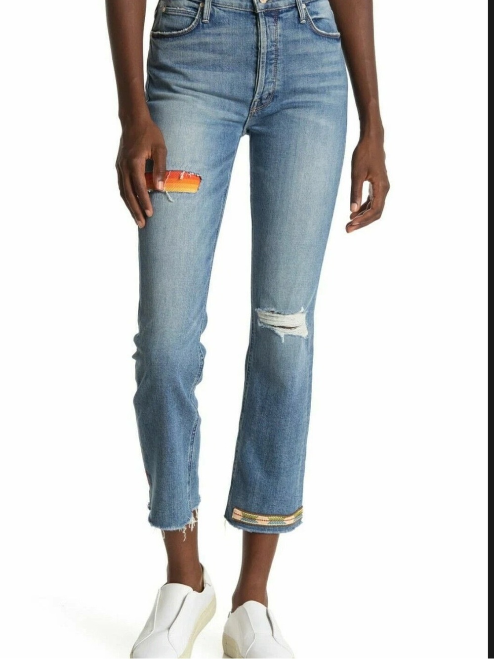 MOTHER Light Blue mid-Rise Crop with Patch & Distress
